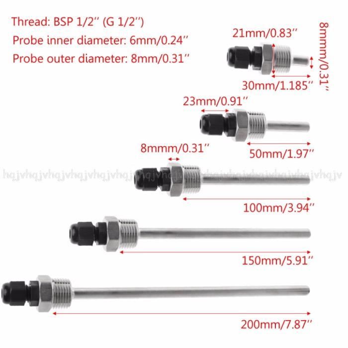 Thermowell Sonde Température Acier Inox 304 - Filetage G 1/2", Longueur 50 Mm, Pour Capteur ≤6 Mm