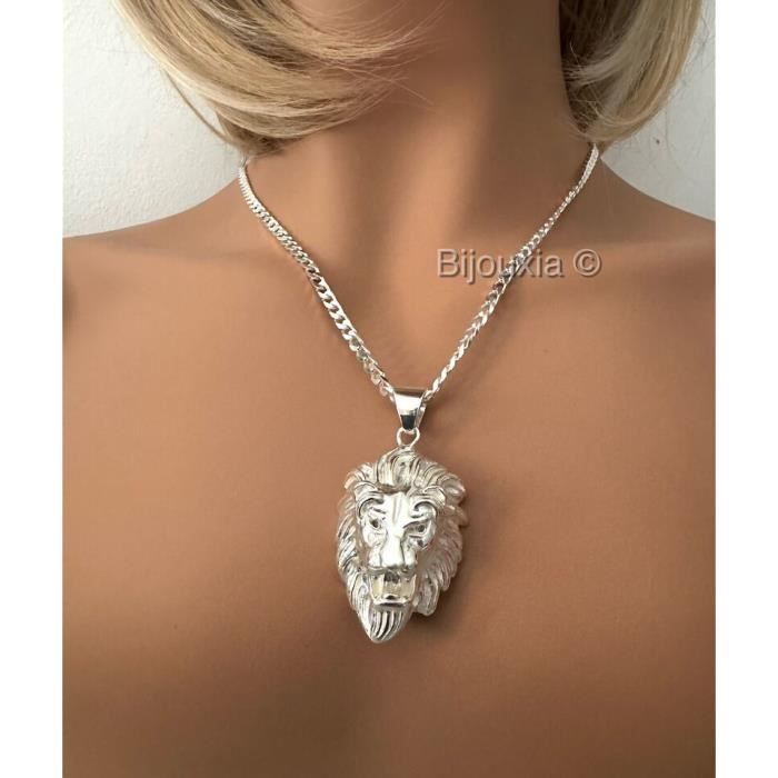 Pendentif - BIJOUXIA - Tête de Lion - Argent Massif 925 - Grande Taille - Relief Robuste
