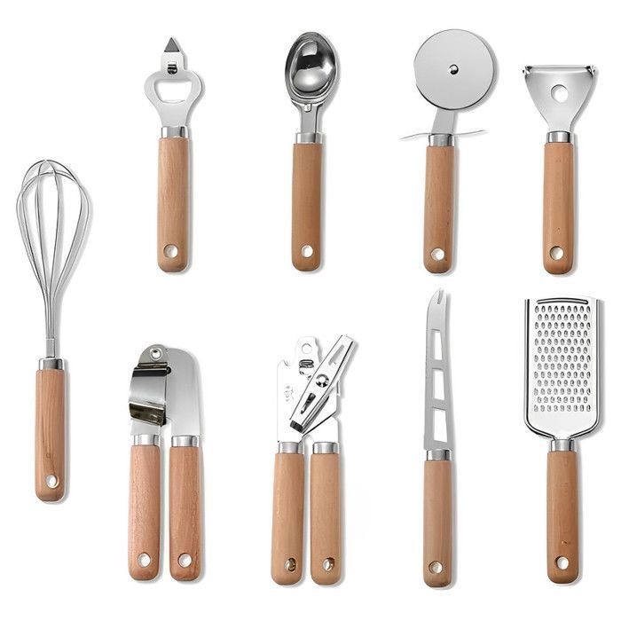 9pcs ustensiles de cuisine inoxydable, ensemble gadgets cuisine avec presse-ail/ouvre-boîte/cuillère à glace/ éplucheur/fouet, ect