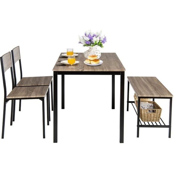 COSTWAY Ensemble Table et 2 Chaise 1 Banc - 4 Personnes Industriel Structure en Métal pour Salle à Manger Restaurant Cuisine