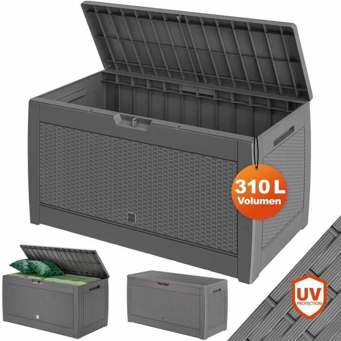 Coffre de Rangement CASARIA® Gris Aspect polyrotin - Malle 310 litres Stockage Coussins avec roulettes Extérieur Jardin
