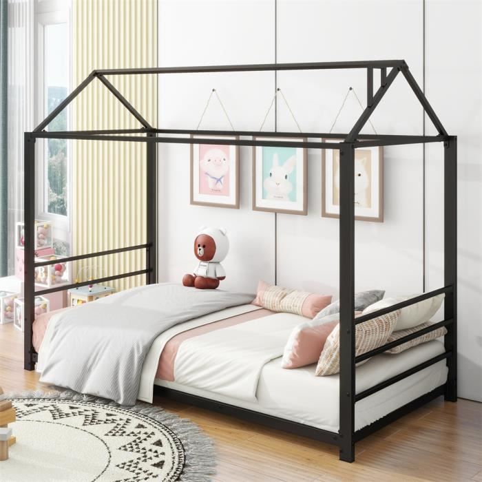 dripex lit maison 90×200cm en fer, lit enfant avec sommier à lattes métalliques,cadre de lit simple avec toit, noir