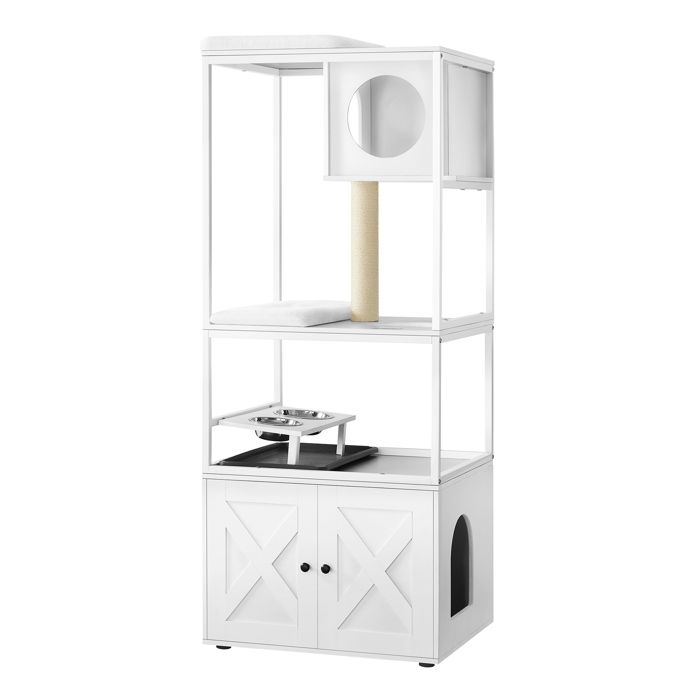 Meilleurs prix pour Feandrea Arbre à Chat, Maison pour Chat avec Cache-litière, Gamelles Surélevées, Poteau à Griffer en Sisal, Blanc Nuage