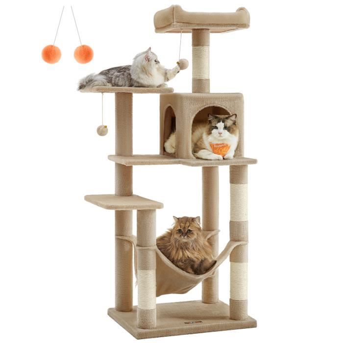 Comparer les prix de Arbre à Chat Hauteur 143 cm, avec 4 Poteaux à Griffer, 2 Plateformes, 1 Niche, 1 Hamac, 2 Pompons, en Tissu Peluche, Marron Camel