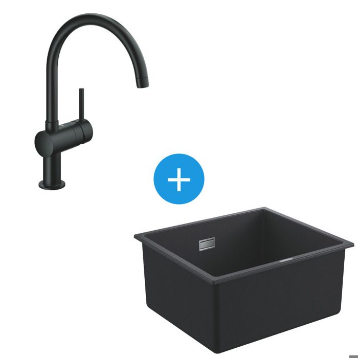 Grohe Kit Evier Quartz Noir Granite K700 417 x 366mm et Mitigeur Minta Noir col de cygne pivotant à 360 degrès