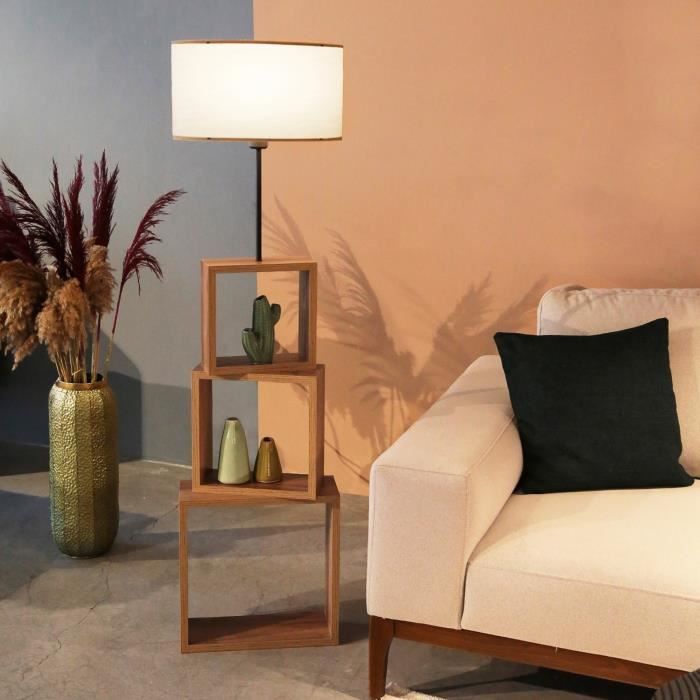 Lampadaire Mansfield avec étagère hauteur 140 cm E27 effet bois - noir - crème [lux.pro]
