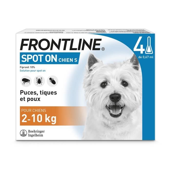 FRONTLINE Spot On Chien S - 2 à 10 kg - 4 pipettes- Puces tiques et poux