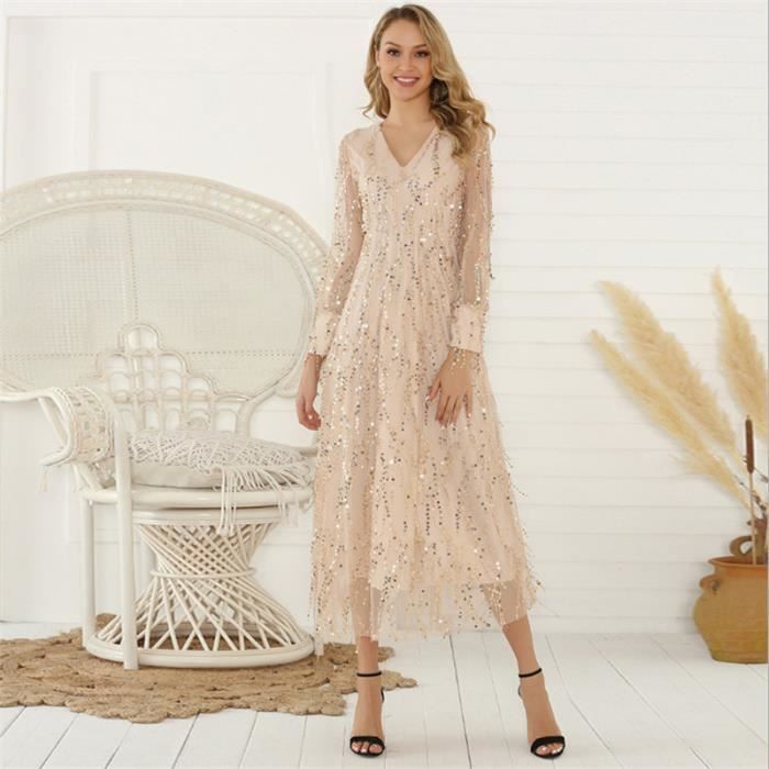 ROBE Femme - Robe de soirée Robe longue Paillettes Manches