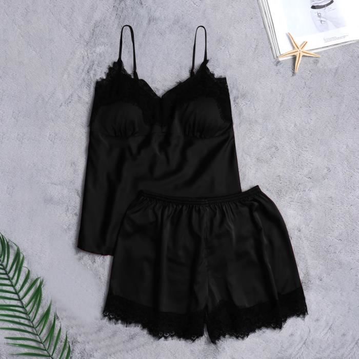 Ensemble Pyjama CARACO + SHORTY LOU - Taille L, Noir/marron à Pois - Neuf Avec étiquettes
