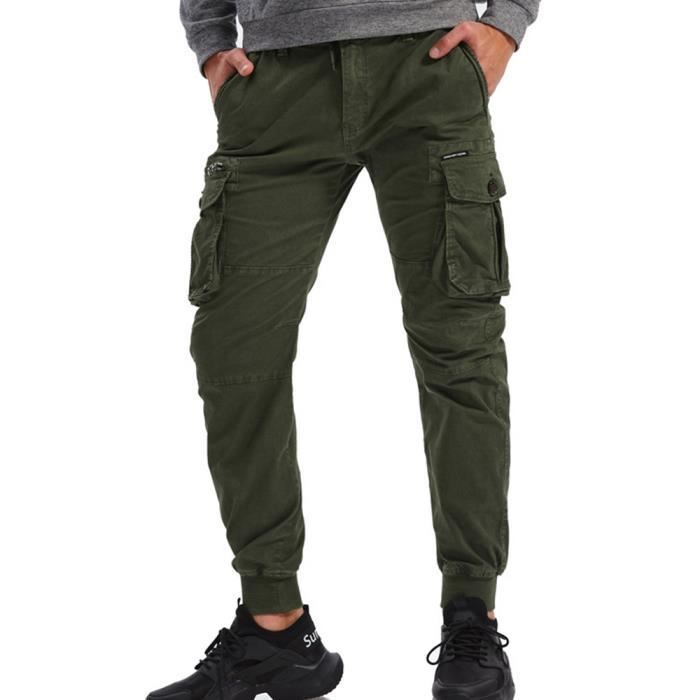 Pantalon de Travail Homme Style Cargo Multi Poches Taille Élastique  Cheville Élastique - Vert fonce