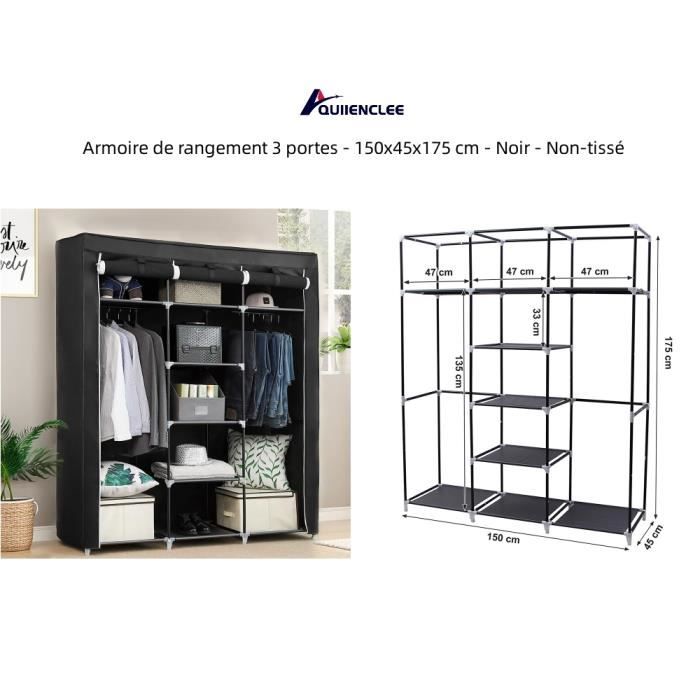Armoire de rangement 3 portes - QUIIENCLEE - Noir - Non-tissé - 150x45x175 cm