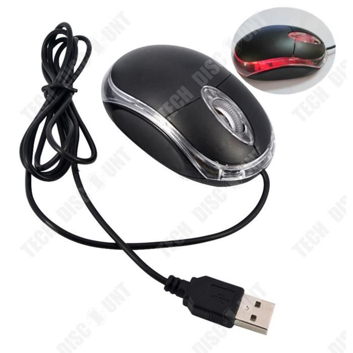 TD® Souris Filaire Transparente Rétractable Ergonomique Lumineuse avec LED Optique USB à Molette pour PC Portable Ordinateur Noir