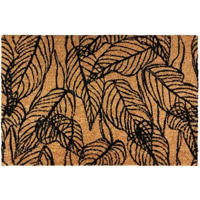 NERVURE - Paillasson en fibre de coco motif nervures de feuilles naturel et noir 60x40