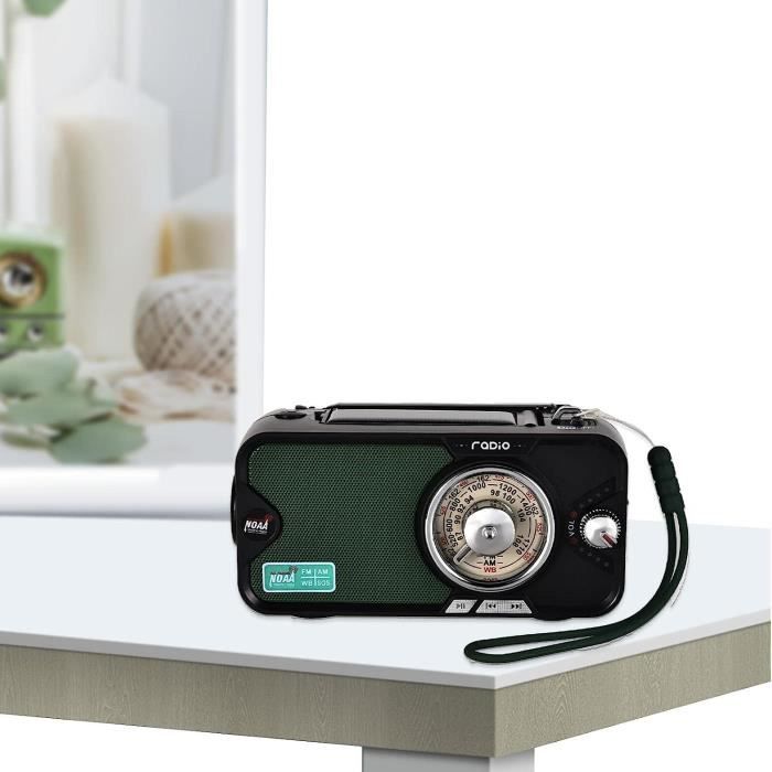 Radio D'urgence à Manivelle AM/FM/NOAA - Portable, Rechargeable Solaire/USB - Lampe SOS Et Chargeur Téléphone
