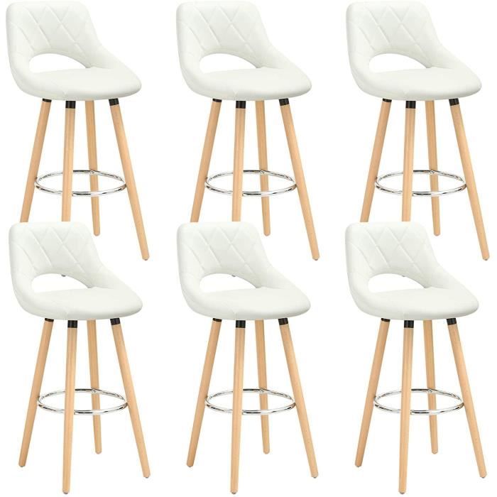 WOLTU Lot de 6 Tabourets de bar en lin et bois massif avec dossier et repose-pieds 43x40x96cm Blanc