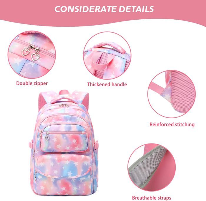 Tanou Sac à Dos Fille École Primaire - 33x16x44cm - Nylon Imperméable, Respirant - Avec Pendentif Peluche