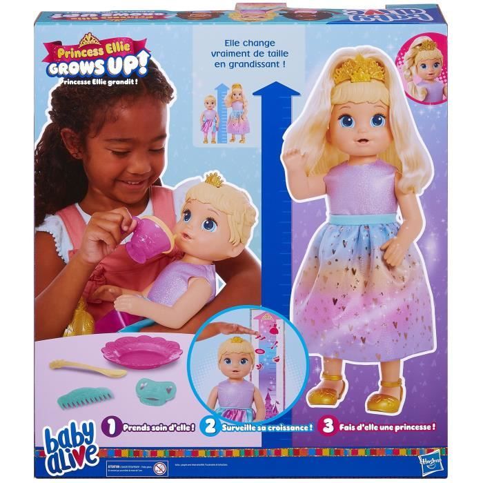 Poupée de princesse Ellie Baby Alive Grows Up! Poupée bébé qui grandit et  parle, cheveux noirs, 18 po, 7 ans et plus