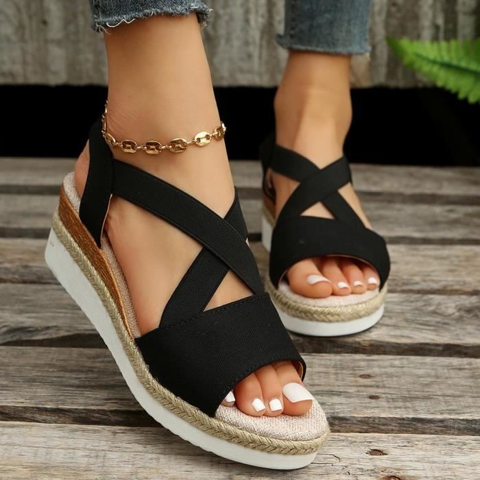 Sandales compensees pour femmes Noir Bouche de poisson et talon incline
