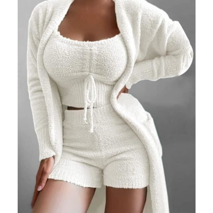 Ensemble Pyjama Femme 3 Pieces Polaire Hiver Fausse Fourrure Couleur Unie Loungewear Suits Vetements de Nuit Ensemble DESHABILLE Blanc Cdiscount Pret a Porter