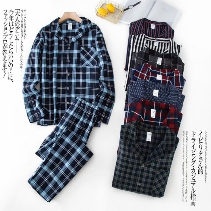 Mnamo Pyjama Homme Long en 100% Coton Pyjama Homme à Carreaux Ensemble  Pyjama avec Poches (Plaid Marine, S) : : Mode