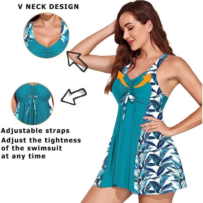 Maillot de Bain Femme 2 Pieces Grande Taille Jupette Robe Beachwear Shorty Impression bleu A Cdiscount Sport