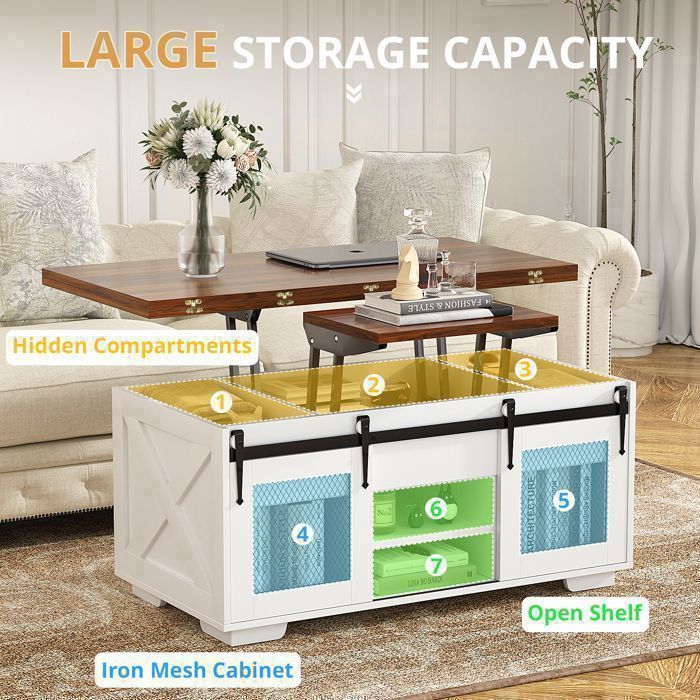 Table Basse Ronde Réglable VOWNER 80x80cm - Plateau Relevable Avec Rangement, Noyer