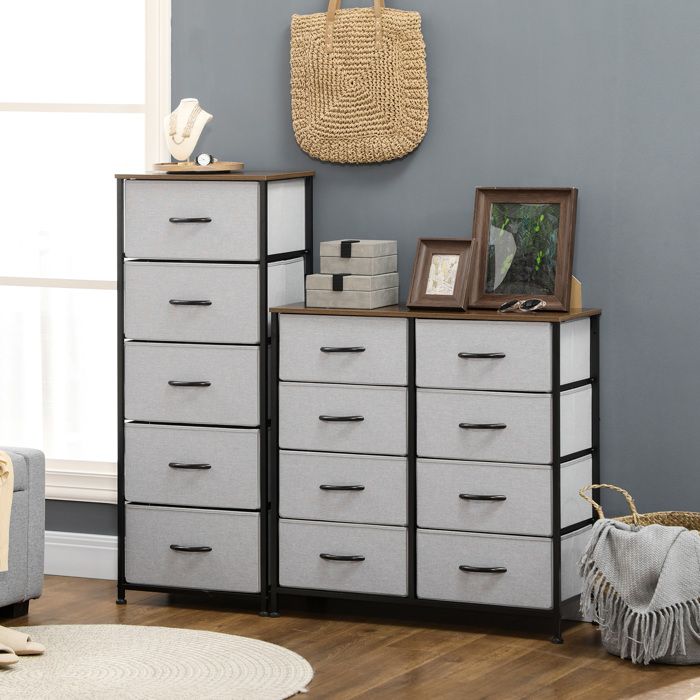 Commode 5 Tiroirs Tissu Pliables HOMCOM – Meuble Rangement Gain De Place, Acier & MDF, Gris Foncé 45x30x116 Cm