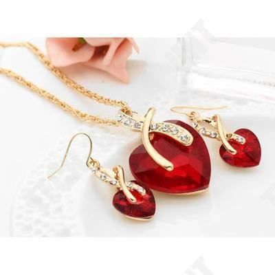 Parure Collier / Bracelet / Boucles d'oreilles en perles de verre rouge et noire bordé de doré