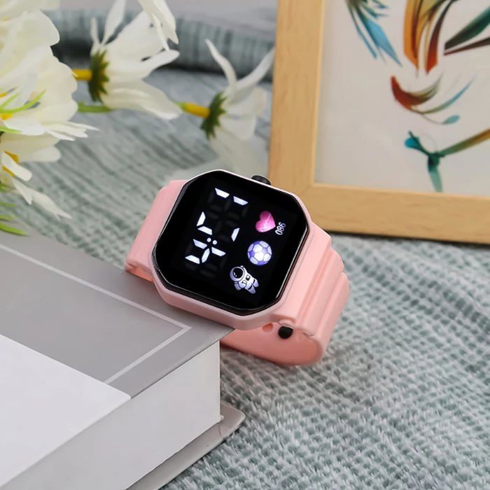 Montre Numérique Enfants - Grand Écran LED Étanche, Bracelet Silicone Doux, Anti-Rayures - Rose Clair