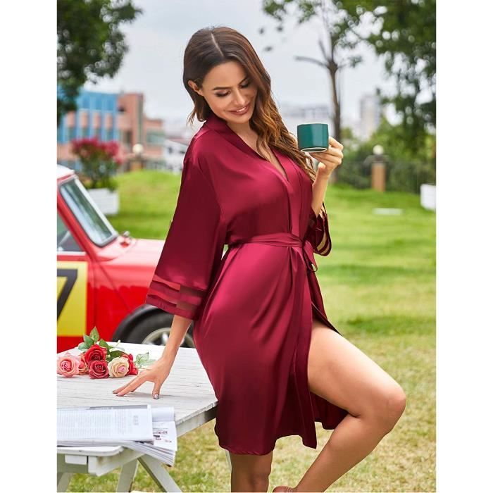 AJW M Peignoir Femme Kimono Satin Robe de Chambre Sortie de Bain Manches 3 4 Nuisette Deshabille Vetements de Nuit pour Fete M 544 Cdiscount Maison
