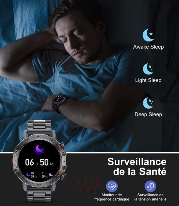 Montre Connectée Homme SUNKTA 1,85" écran HD, Batterie 800 MAh, Appels Bluetooth, Lampe LED - Compatible IOS/Android - 3