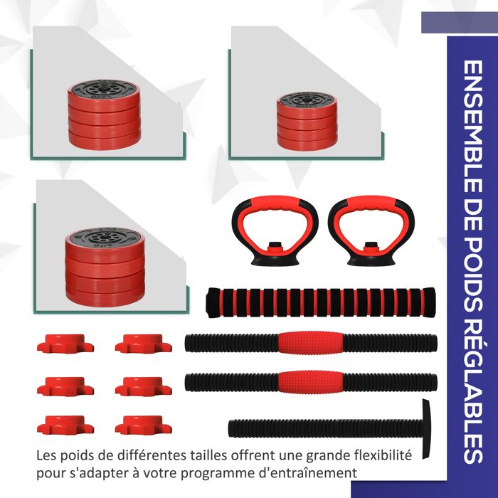 SPORTNOW Kit Haltères Réglable 4 En 1 – 20 Kg, Disques Et Barres, Clips Sécurité – Haltères, Barre, Kettlebell, Supports Pompes