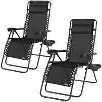 2x Chaises longues de jardin inclinables Chaise pliable avec porte-gobelet appui-tête Fauteuil relax Transat jardin noir