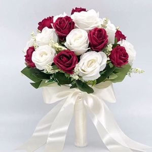 FLEUR ARTIFICIELLE vin rouge blanc - Bouquet de Roses Artificiel Tenu par un Ruban de Soie de Mariage, Naturel, Rose, Blanc, Cha
