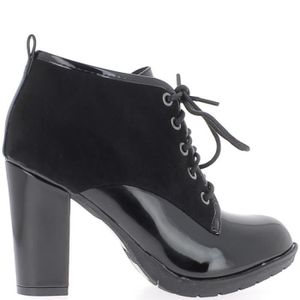 Bottines noires à talon de 9cm pointues bi matière aspect daim et croco