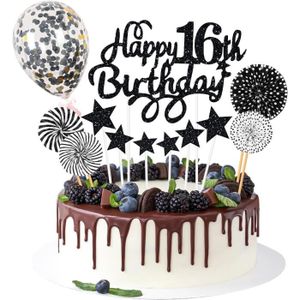 Figurine décor gâteau Happy 16Th Birthday Décoration Gâteau D'Anniversaire 16 Ans Cake Topper Happy Birthday Noir Filles Garçon Joyeux Anniversair[u7339]