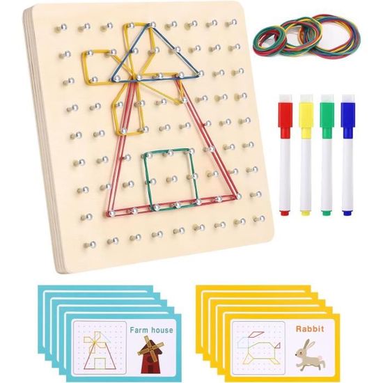 Geoboard In Legno Montessori - Giochi Educativi 2-4 Anni Con 30 Carte E 50 Elastici - Puzzle Forme Geometriche Per Motricità Fine E Creatività - Regalo Bambino Bambina - 4