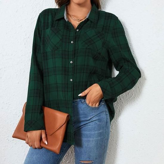 Chemise à Carreaux Flanelle Femme Manches Longues – Boutonnée Coton Style Boyfriend Oversize Automne Hiver