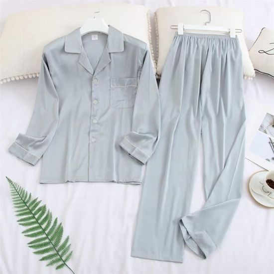 Pyjama Satin Femme Manches Longues - Ensemble Boutonné Col V, Neuf Avec étiquettes