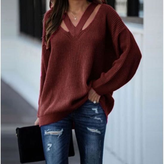 Gros Pull Grosse Maille Femme Oversize Tricot Col V Pullover Chandail Sweater Ample Tricote Grande Longue Epais brun S brun Cdiscount Pret a Porter