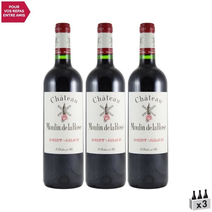 Château Moulin de la Rose Saint-Julien Cru Bourgeois Rouge 2018 - Lot de 3x75cl - Vin AOC Rouge de Bordeaux - Cépages Cabernet Sauvi