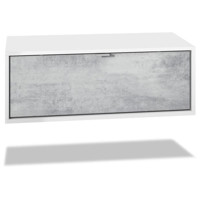 Meuble TV Lana 140 armoire murale lowboard 140 x 29 x 37 cm, caisson en blanc mat, façades en Aspect Béton Oxyde