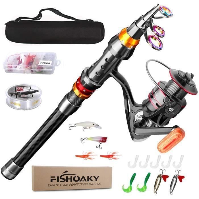 Canne à Pêche Télescopique Carbone + Moulinet - Kit Complet Portable 2,1m Rose Pour Eau Douce Et Salée, Idéal Débutantes