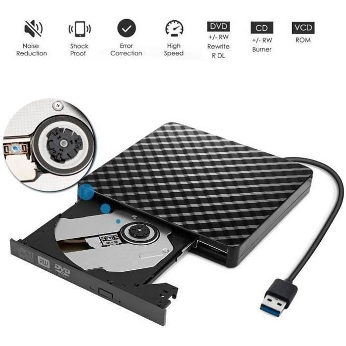 Graveur Lecteur de DVD externe USB 3.0 Haute Vitesse Lecteur de CD/DVD-RW Disqueur/Graveur de Disque