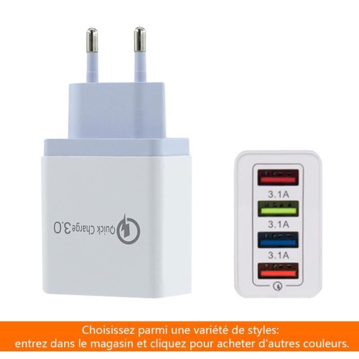 Chargeur USB Secteur 4 Ports Universel Secteur Mural 3.1A , Adaptateur Secteur USB compatible iOS, Android, Appareils Portable grise