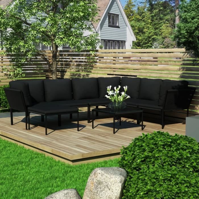 Ensembles de meubles d'extérieur Ensemble repas de jardin Salon de jardin 8 pcs - avec coussins Noir PVC