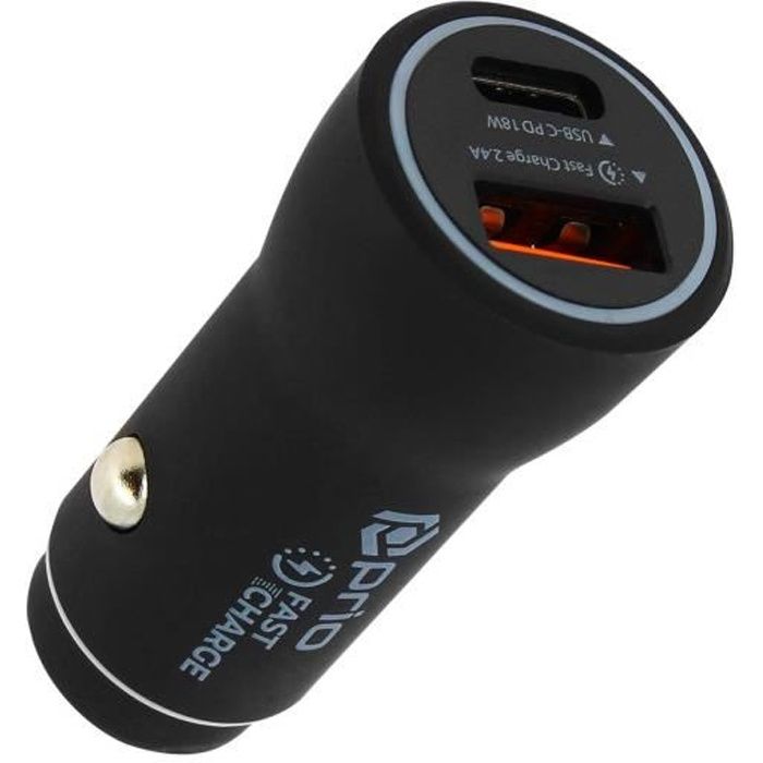 Chargeur Voiture Allume-cigare Port USB et USB-C 4.8A Charge rapide Prio - Noir