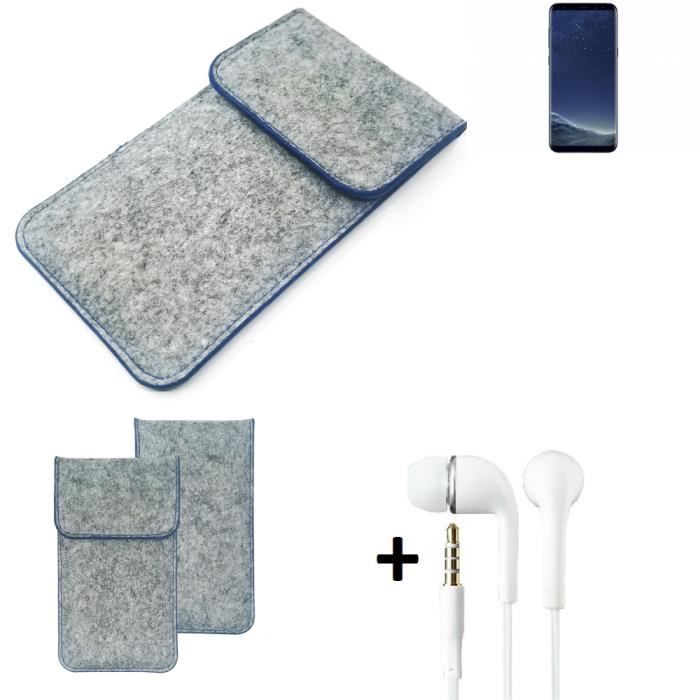 K-S-Trade® Housse feutre pour téléphone smartphone gris clair, bord bleu + écouteurs Samsung Galaxy S8 178510