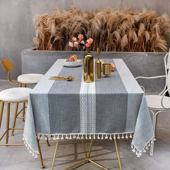 NAPPE DE TABLE SUNBEAUTY Nappe Rectangulaire Coton Lin Vintage Grise Decoration Table Cloth Cotton Tablecloth Rectangle 140x220 637