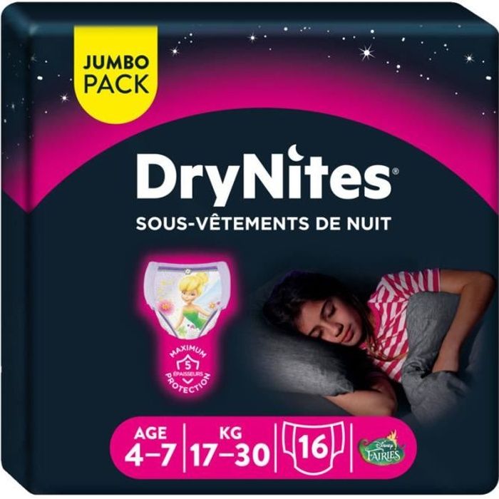 HUGGIES Culottes de nuit pour fille Drynite - 4 - 7 ans - 17 à 30 kg